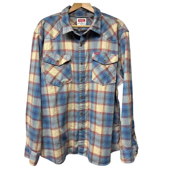 Wrangler Men's Western Long Sleeve 2XL Shirt Blue Khaki Plaid Snap Button Up - Picture 1 of 7